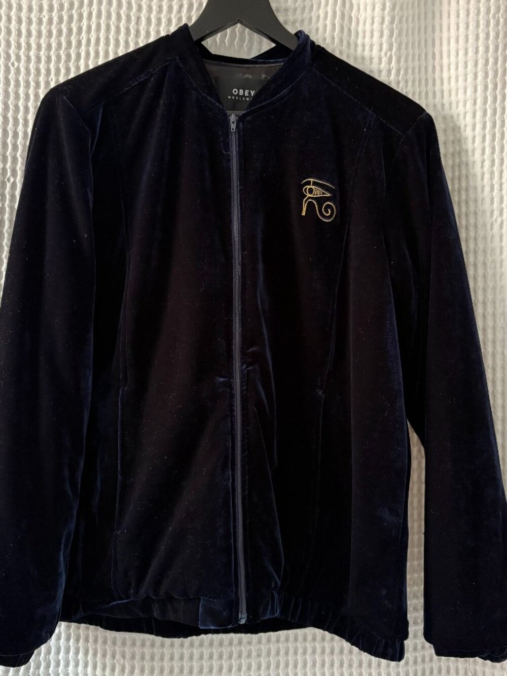Obey Spades navy blue velvet embroidered women's bomber jacket size medium